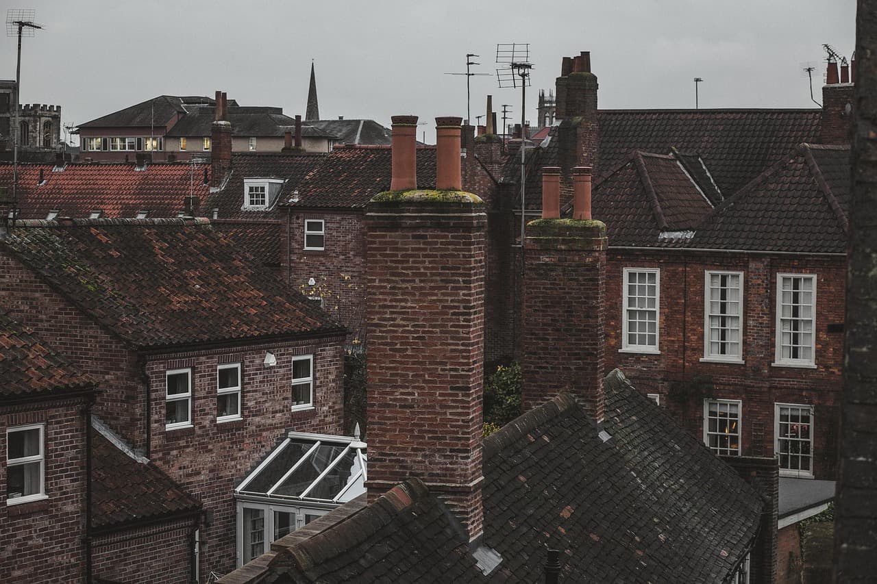 Brick terraces, chimneys and slate roofs across a Yorkshire town